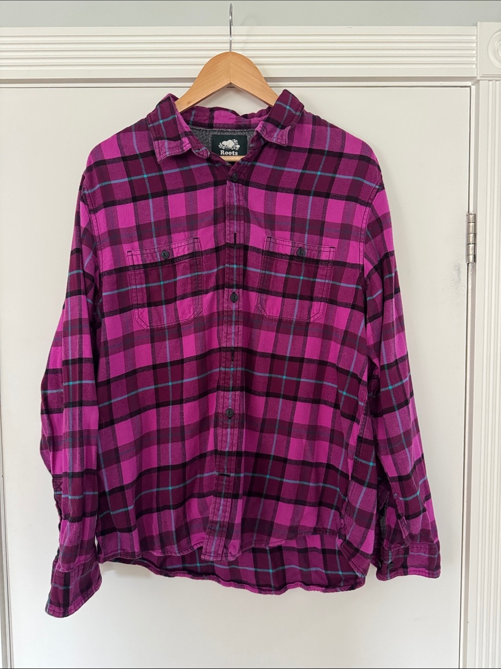 Roots Men's Bright Magenta and Black Plaid Button-Down Shirt